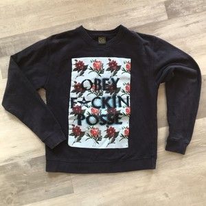 Obey Posse Sweatshirt Navy Graphic Rose Print Pullover Crew Neck Size Small